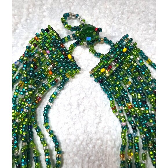 Multicolor Green, Blue, Orange Glass Seed Beaded Multi Strand Necklace - Picture 2 of 4